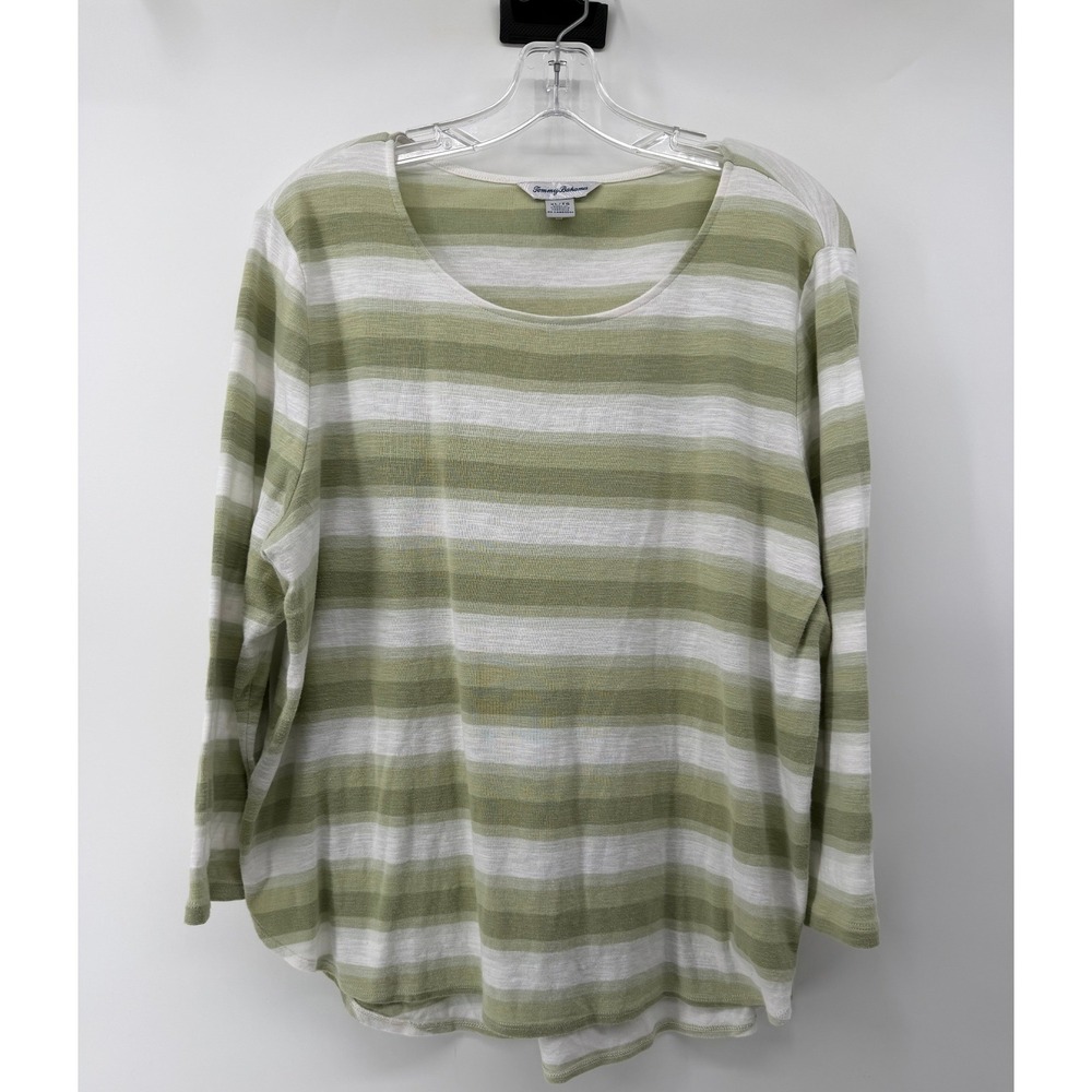 Tommy Bahama Womens XL Green White Striped Cotton Slub Long Sleeve Scoop Top